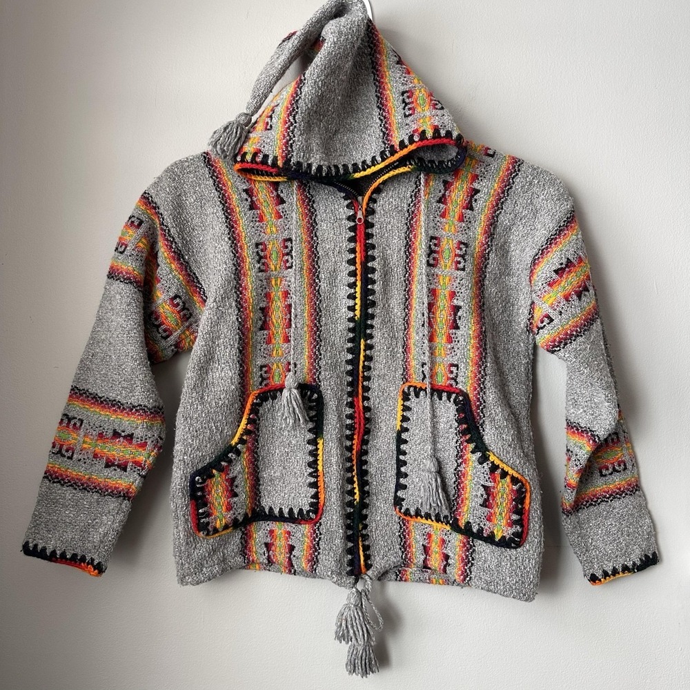 Andean Wool Jacket Men Small Medium Unisex Gray‎ Hooded Full Zip Baja Tassels